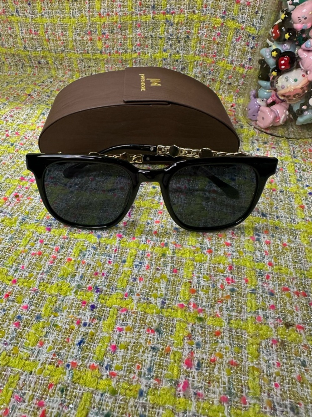 Black Square Sunglasses with Gold Chain Detail